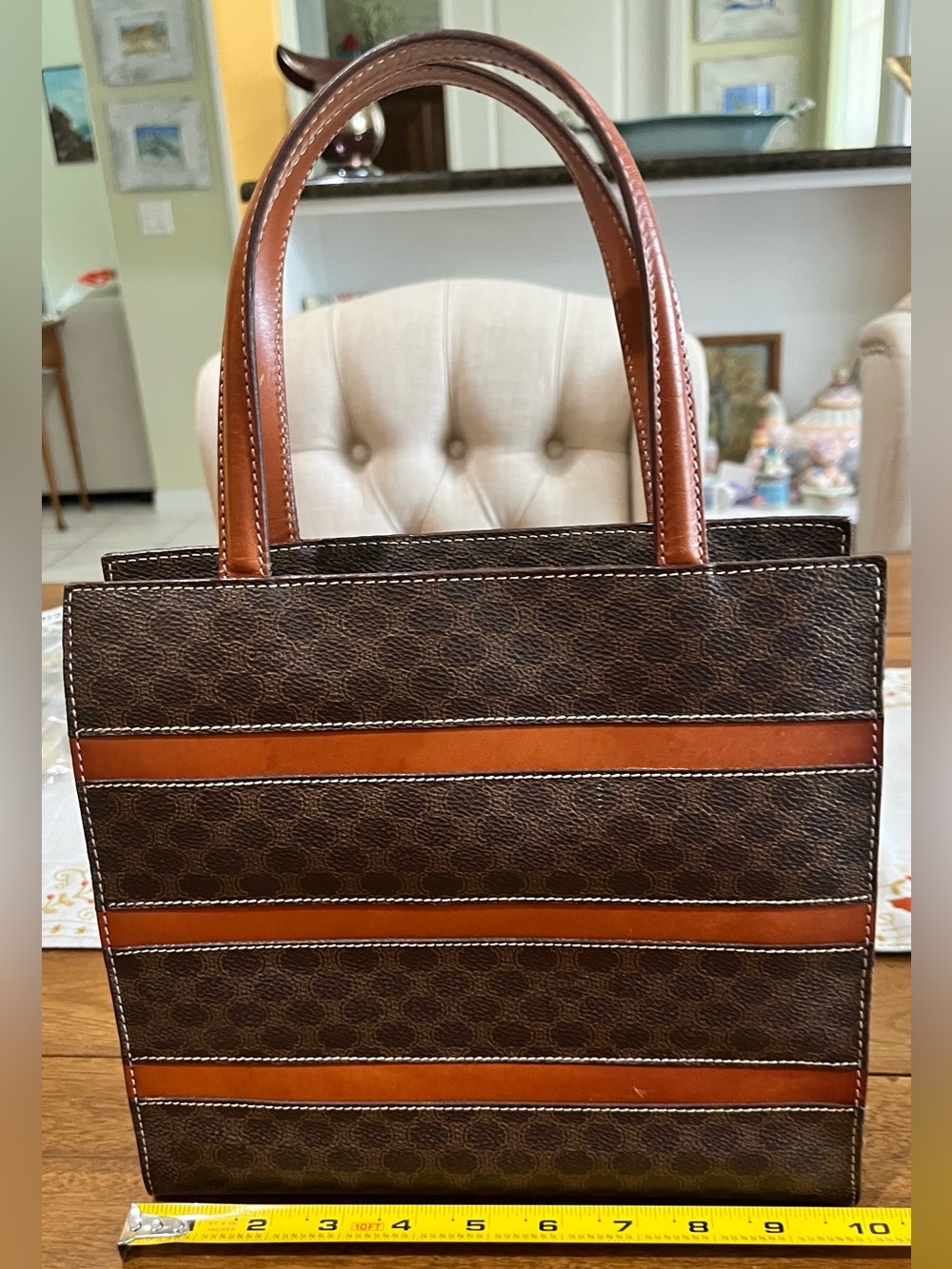Celine Brown Patterned Tote Bag with Tan Trim